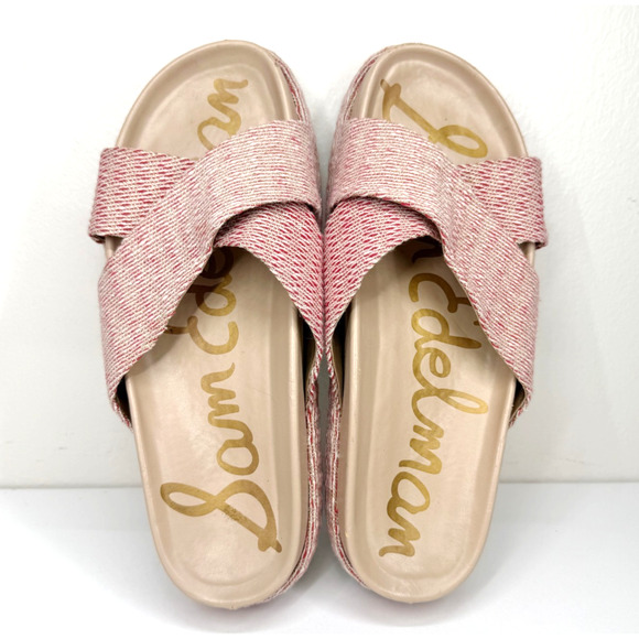 SAM EDELMAN Sadia Platform Slide Sandals Wove Red Gold Cruise Beach Resort Sz 8 - Picture 2 of 8